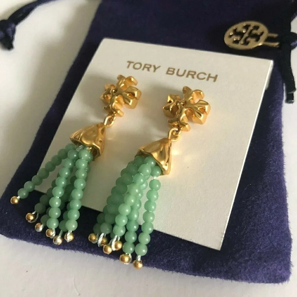 Tory Burch Roxanne Tassel Drop Earrings Mint Green Beaded Gold Tone Statement